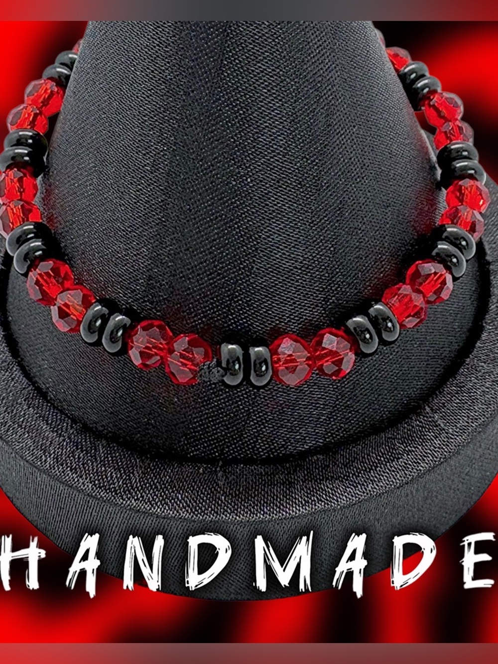 Handmade Black + Red Faceted Beaded Stretch Bracelet